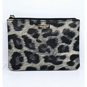 KATE SPADE Small Clutch Leopard Print Pebbled Leather Black Tan Zip Pouch